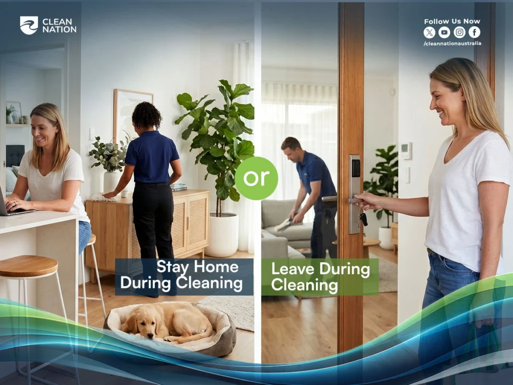 Split scene showing a homeowner staying at home while cleaners work and another leaving the house during professional cleaning service by Clean Nation.