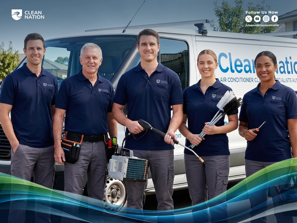 Clean Nation AC cleaning team standing in front of a branded service van with professional air conditioner cleaning tools and equipment.