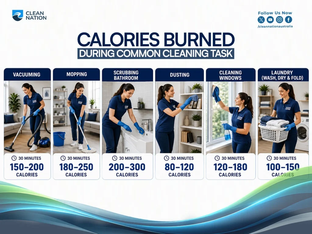 Infographic showing calories burned during common house cleaning tasks like vacuuming, mopping, dusting, and laundry.
