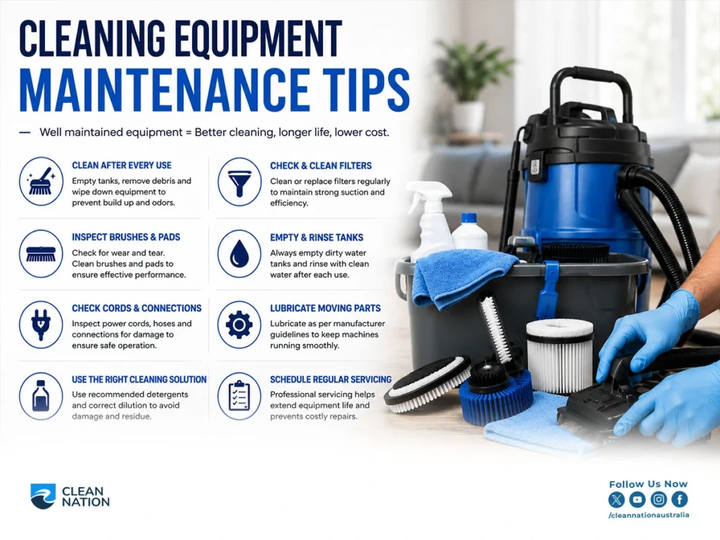 Cleaning maintenance guide with vacuum tools, brushes, filters, and care instructions for equipment upkeep.