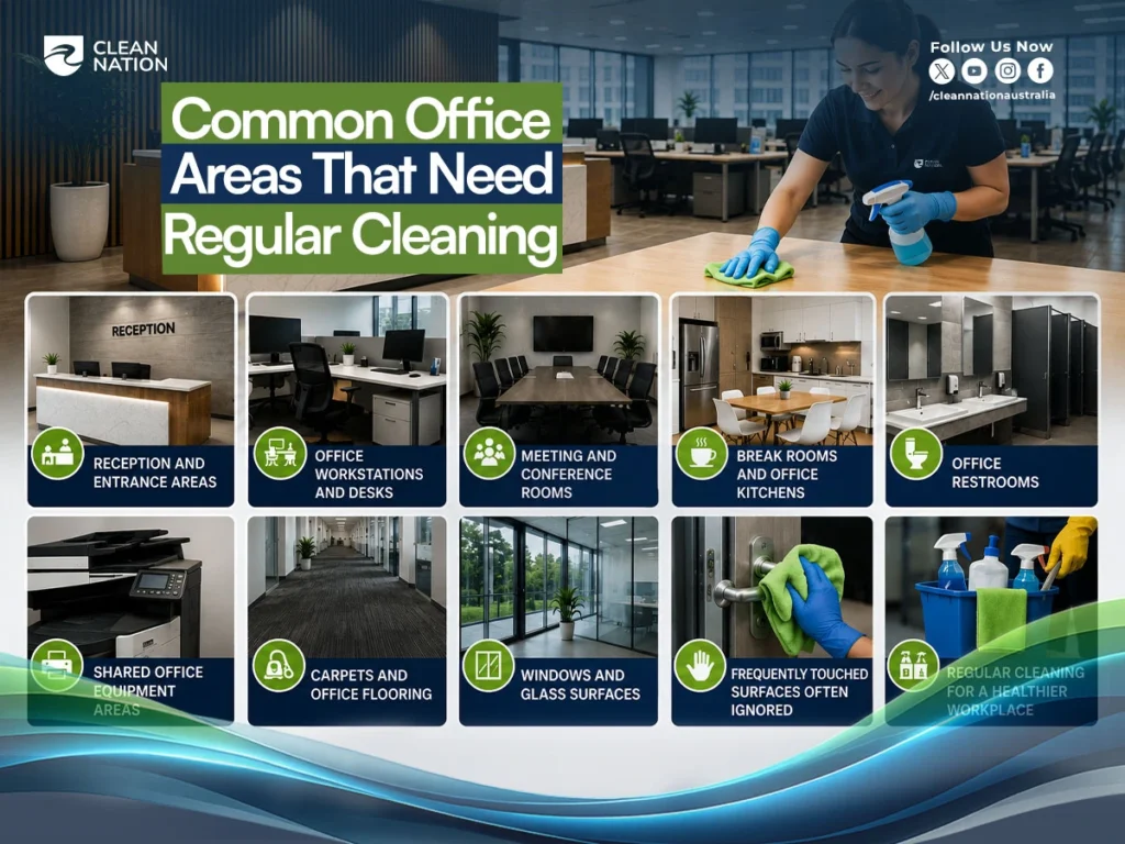 Common office areas that need regular cleaning including reception, workstations, meeting rooms, kitchens, restrooms, carpets, and shared office spaces.