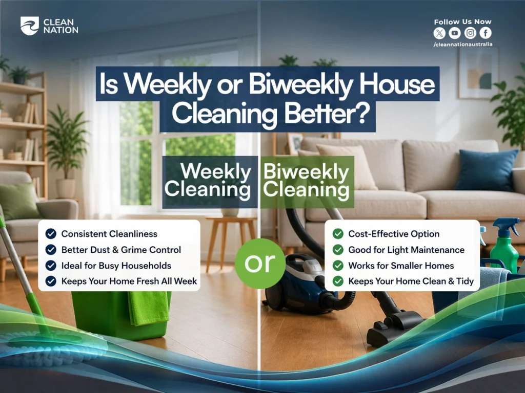 Comparison graphic showing whether weekly or biweekly house cleaning is better, highlighting the benefits of each cleaning schedule for maintaining a clean and organized home.