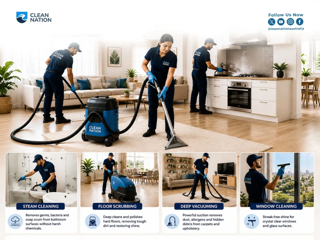 Professional cleaning team vacuuming, steam cleaning, floor scrubbing, and window cleaning in a modern home.