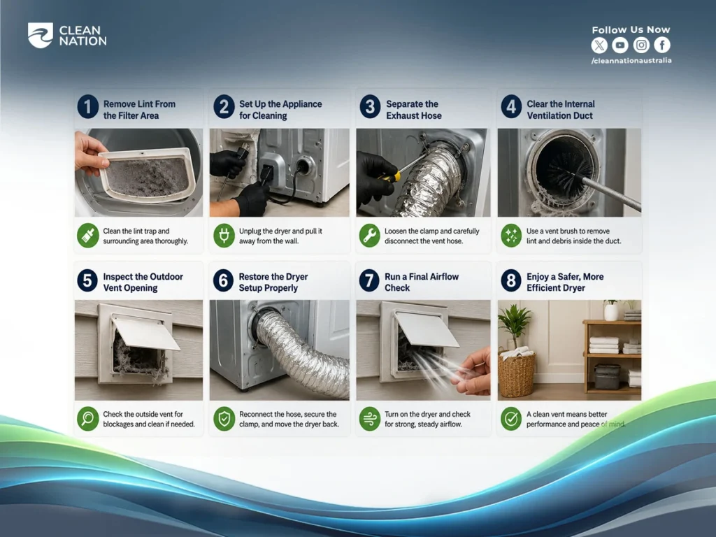 Step-by-step guide showing how to clean a house dryer vent safely for better airflow and home safety