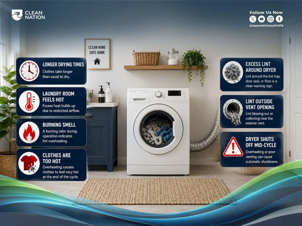 Modern laundry room graphic showing common warning signs of a clogged dryer vent and overheating issues.