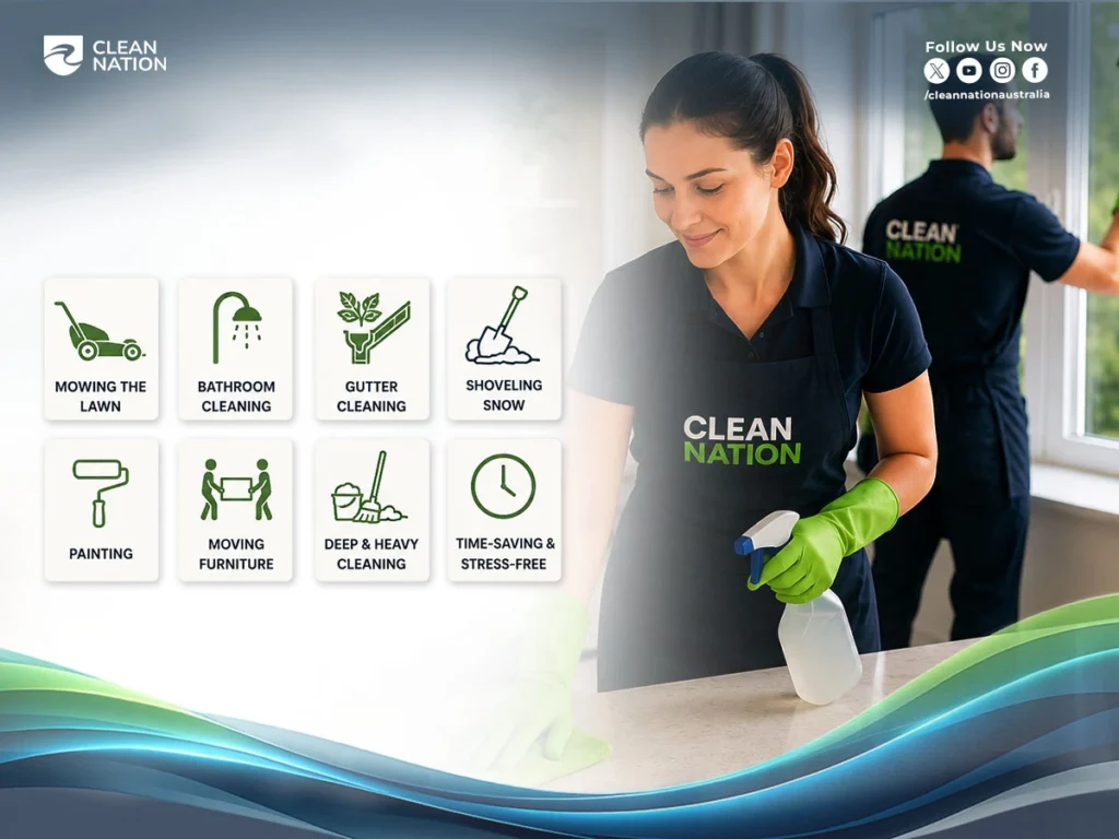 Professional house cleaning services infographic showing deep cleaning, bathroom cleaning, gutter cleaning, and other home maintenance tasks.