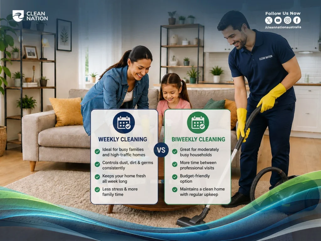 Weekly vs biweekly house cleaning comparison with family-friendly cleaning schedule benefits.