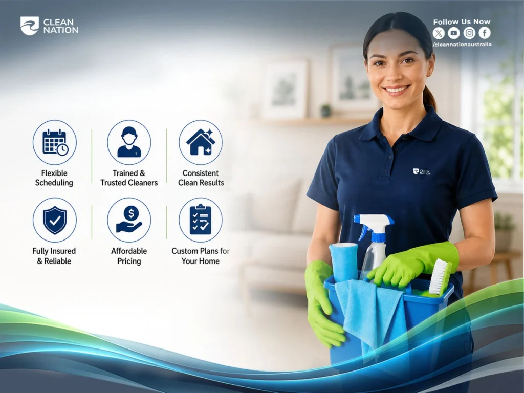 Expert house cleaner holding cleaning supplies with flexible scheduling and custom home cleaning service benefits displayed.