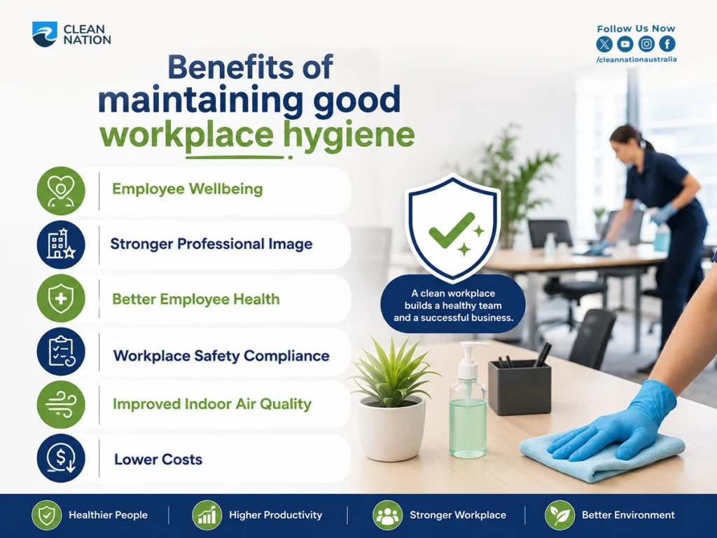 Workplace hygiene infographic showing office cleaning benefits, including employee wellbeing, health, safety compliance, improved air quality, productivity, and lower costs.