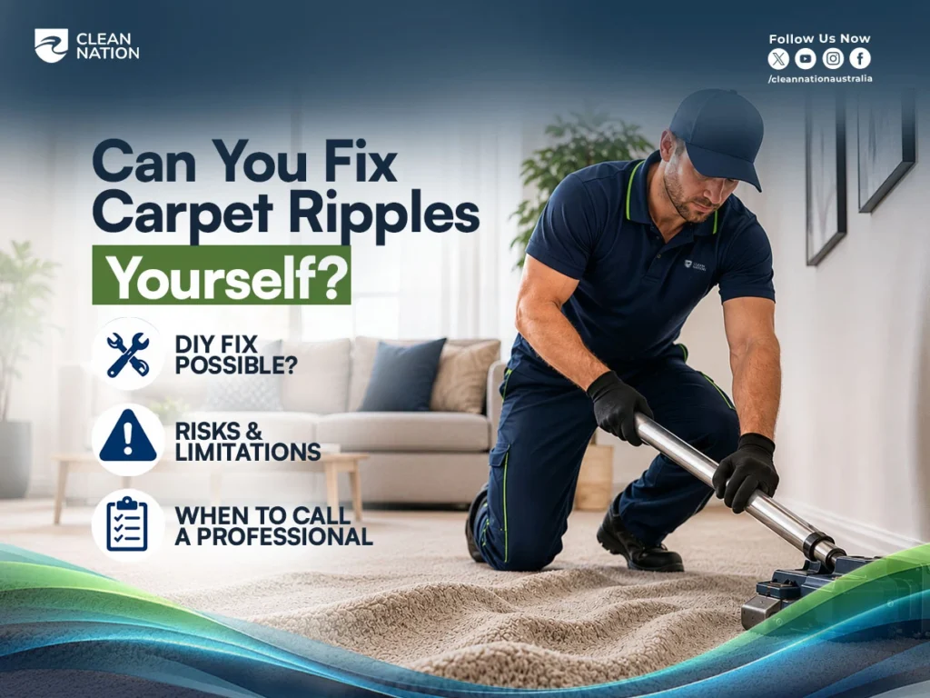 What Causes Carpet Ripples and How to Fix Them? Professional technician using a carpet stretcher to repair rippled carpet, highlighting DIY repair options, potential risks, limitations, and when to call a professional for lasting results.