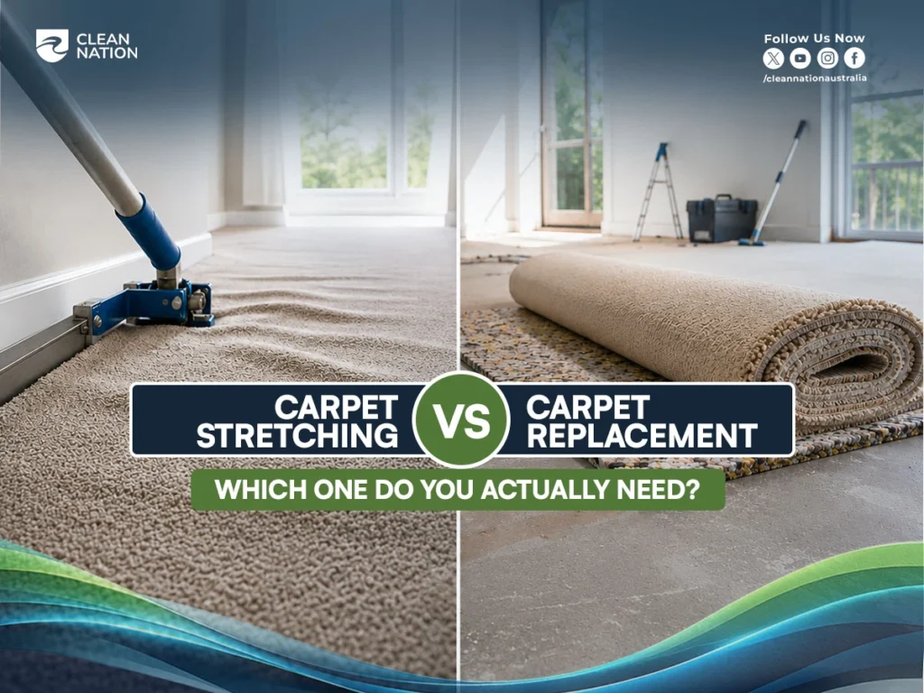 What Causes Carpet Ripples and How to Fix Them? Comparison showing carpet stretching versus carpet replacement, with a rippled carpet being professionally stretched on one side and an old carpet removed on the other to help determine the best repair solution.