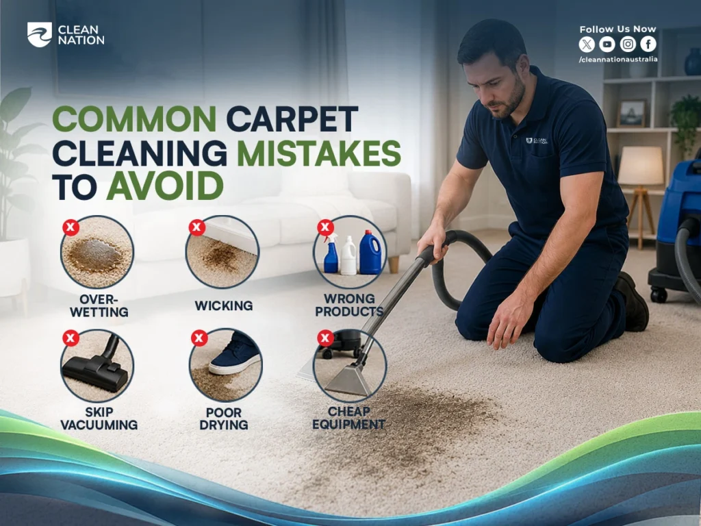 Infographic highlighting common carpet cleaning mistakes to avoid, including over-wetting, wicking, using the wrong products, skipping vacuuming, poor drying, and cheap equipment, helping homeowners understand Dry Carpet Cleaning vs Steam Cleaning and choose the right cleaning method.