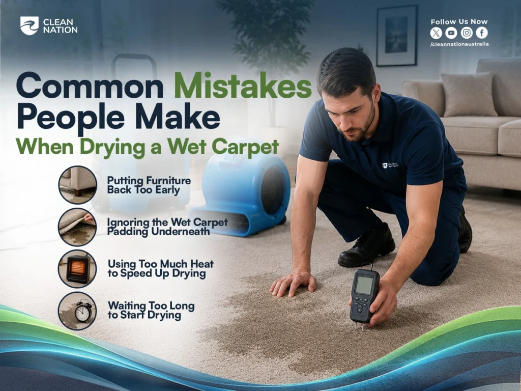 How to Dry Your Wet Carpet and Prevent Damage by avoiding common mistakes, showing a professional using a moisture meter to inspect a damp carpet beside an air mover, with tips including not replacing furniture too early, drying the carpet padding, avoiding excessive heat, and starting the drying process immediately.