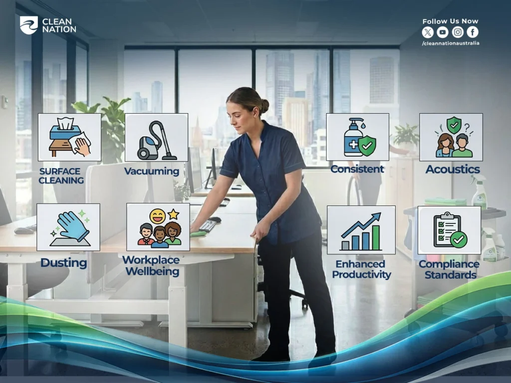 Professional office cleaner performing daily office cleaning services, including dusting, vacuuming, and surface sanitisation to improve workplace wellbeing, productivity, and hygiene standards.