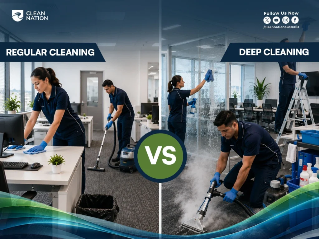 What Does Office Cleaning Consist Of? Comparison of regular cleaning vs deep cleaning in a modern office, showing professional cleaners dusting desks, vacuuming floors, sanitizing glass partitions, steam cleaning carpets, and performing detailed workplace maintenance for a healthier and cleaner office environment.