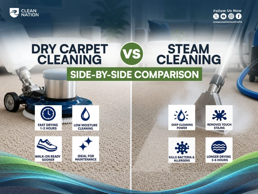 Dry Carpet Cleaning vs Steam Cleaning side-by-side comparison infographic showing the key differences between dry carpet cleaning and steam cleaning, including drying time, cleaning performance, moisture levels, stain removal, and maintenance benefits.