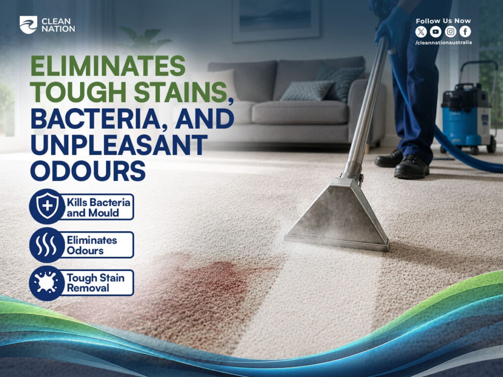 Professional carpet cleaning technician removing a tough stain with an extraction machine in a living room, demonstrating the Top 5 Benefits of Hiring a Professional Carpet Cleaning Company, including stain removal, bacteria elimination, odour control, and deep carpet cleaning.