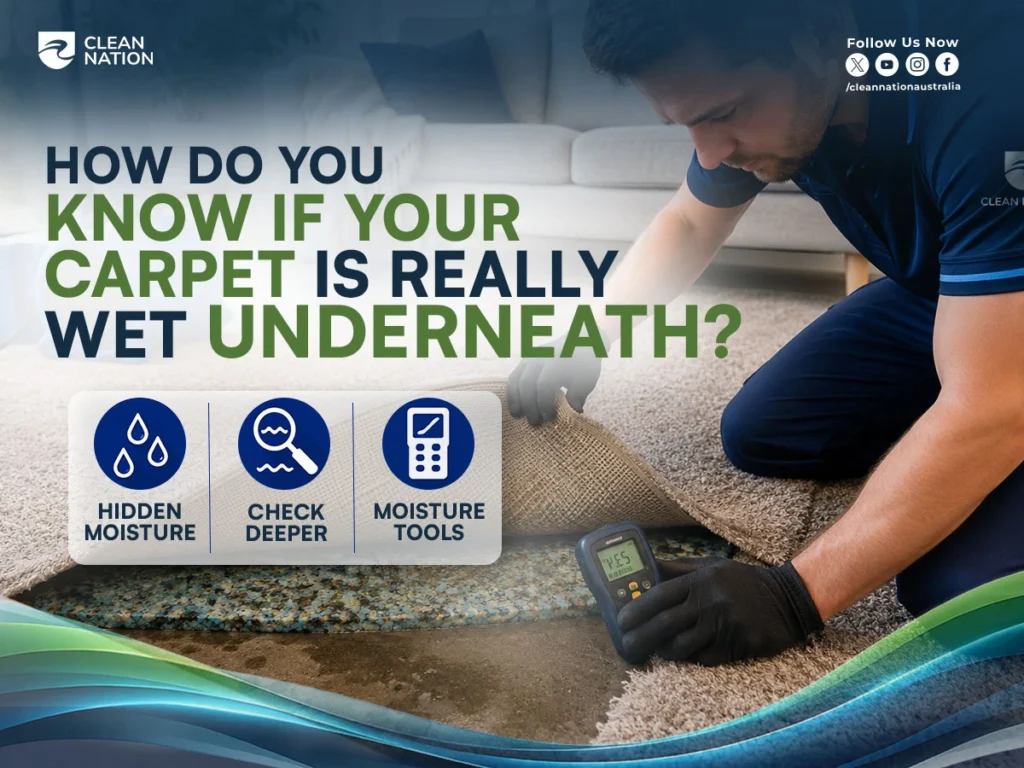 How to Dry Your Wet Carpet and Prevent Damage by checking for hidden moisture beneath the carpet, with a professional lifting the carpet and using a moisture meter to inspect the underlay, highlighting the importance of detecting trapped moisture before complete drying.