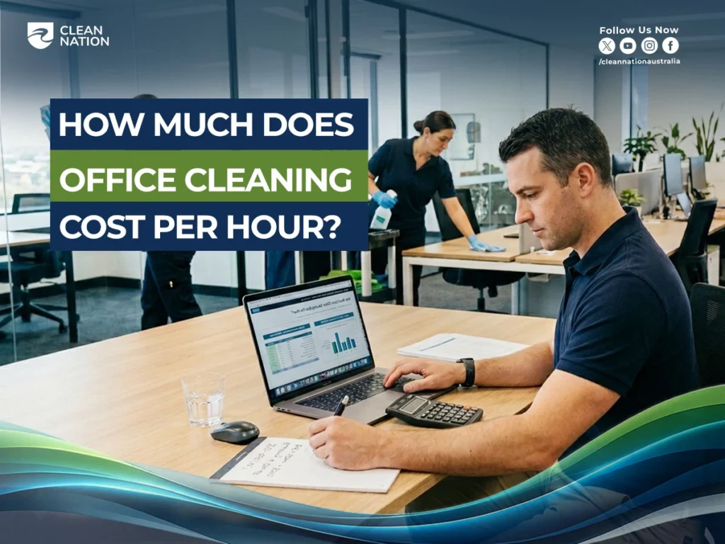 How much does office cleaning cost per hour in Australia? Professional office cleaners performing commercial cleaning services in a modern Sydney office workspace.