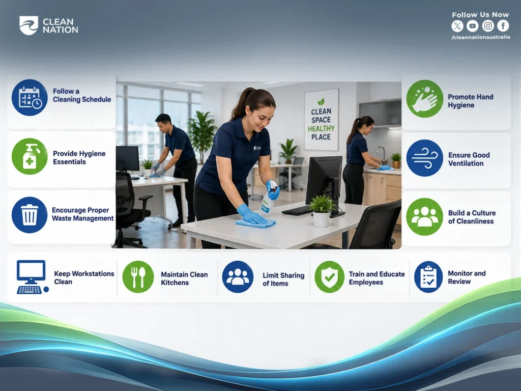Professional office cleaners maintaining workplace hygiene by disinfecting desks, cleaning shared areas, and following a structured office cleaning routine.