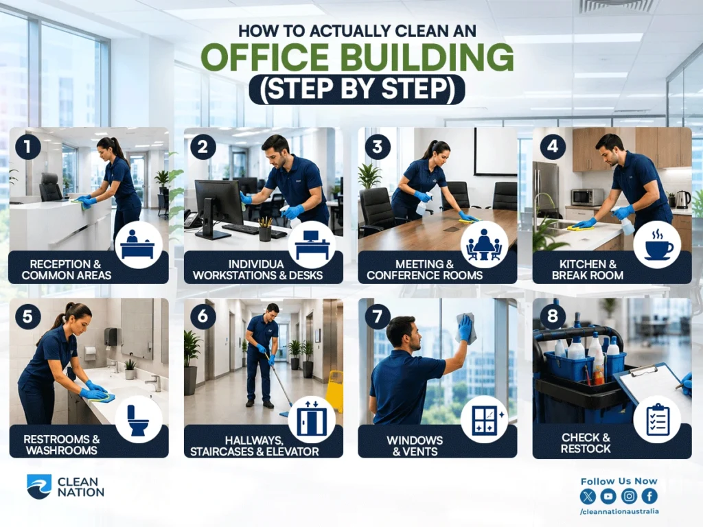 Step-by-step infographic showing How to Clean an Office Building? with professional cleaners sanitising reception areas, workstations, meeting rooms, kitchens, restrooms, hallways, windows, and restocking cleaning supplies in a modern office environment.