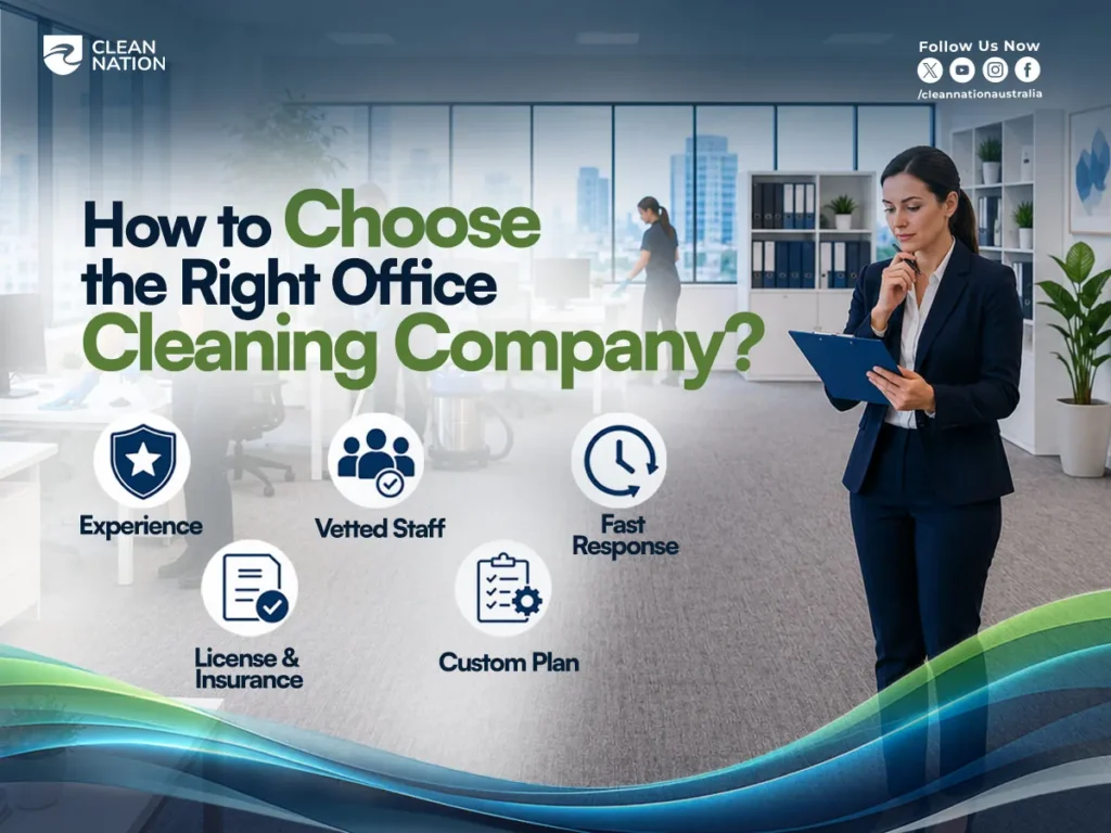 Professional office manager reviewing cleaning service options in a modern workspace while staff clean in the background, illustrating how to choose the right office cleaning company and find the best office cleaners in Australia based on experience, vetted staff, licensing, insurance, fast response, and customized cleaning plans.