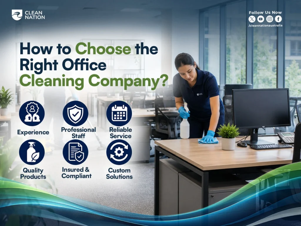 What Does Office Cleaning Consist Of? Professional office cleaner disinfecting and wiping a desk in a modern workspace, highlighting key factors when choosing an office cleaning company, including experience, professional staff, reliable service, quality products, compliance, and customized cleaning solutions.