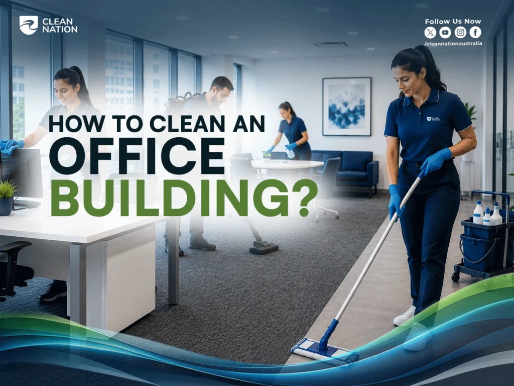 Professional cleaners performing office maintenance tasks, including mopping floors, vacuuming carpets, and sanitising workstations in a modern workspace, demonstrating How to Clean an Office Building? effectively and maintain a clean, healthy office environment.