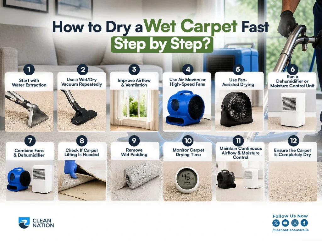 How to Dry Your Wet Carpet and Prevent Damage with this step-by-step guide showing the complete carpet drying process, including water extraction, wet/dry vacuuming, improving airflow, using air movers and fans, running a dehumidifier, removing wet carpet padding, monitoring moisture levels, and ensuring the carpet is fully dry.