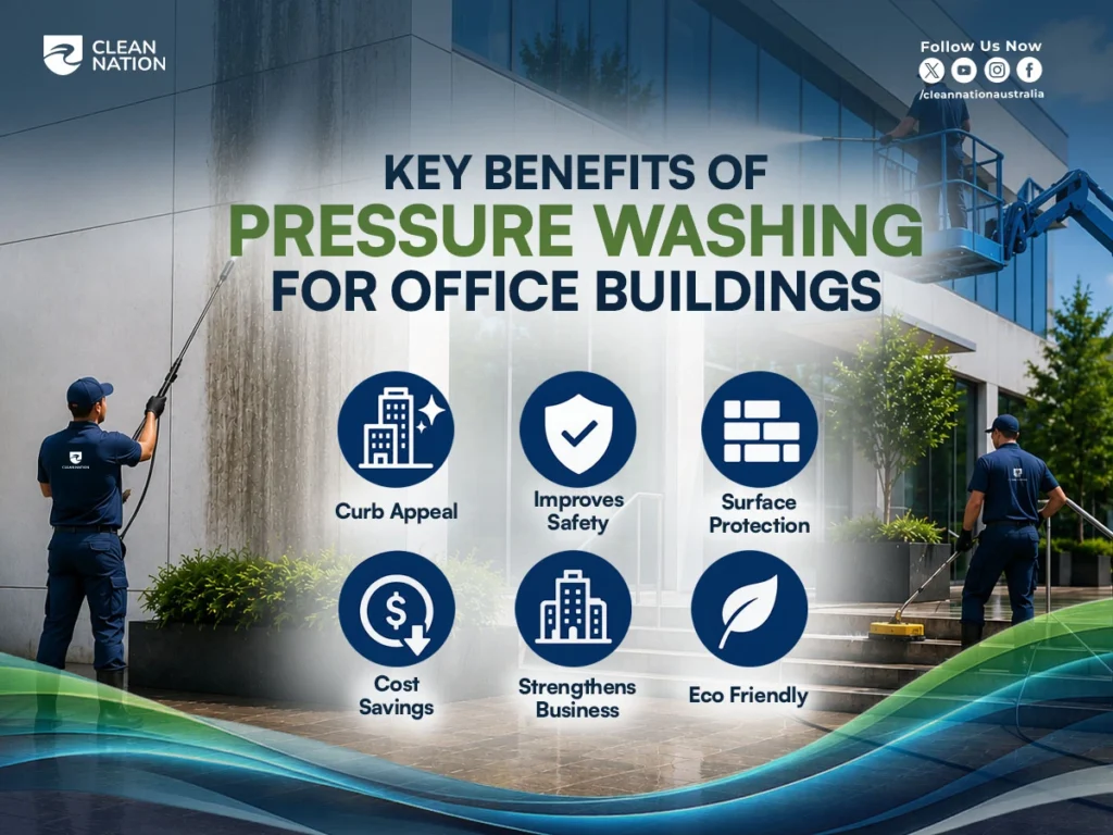 Professional cleaners pressure washing the exterior of a modern office building, highlighting How Pressure Washing Protects Your Office Investment through improved curb appeal, enhanced safety, surface protection, cost savings, stronger business image, and eco-friendly maintenance.