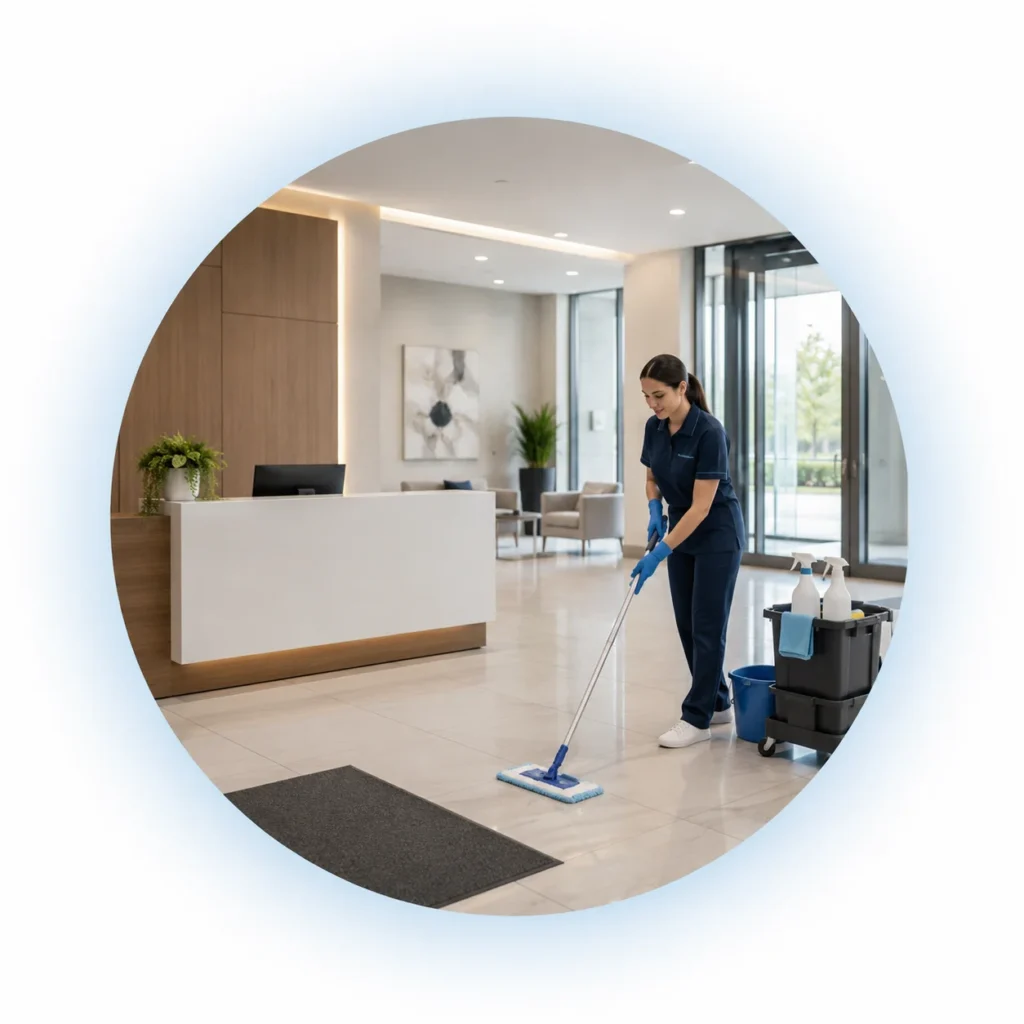Cleaner mopping the reception floor of a Perth office building