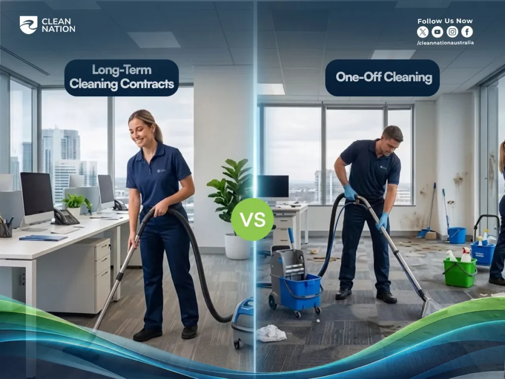 Find the Best Office Cleaners in Australia – comparison of long-term office cleaning contracts and one-off commercial cleaning services, showing professional cleaners vacuuming office floors in modern workplaces to maintain cleanliness, hygiene, and workplace productivity.