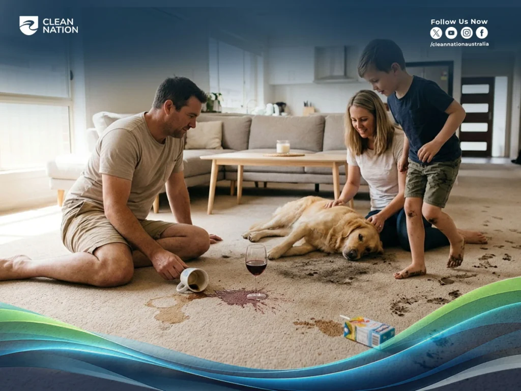 Major causes of carpet steam cleaning including coffee spills, wine stains, pet accidents, muddy footprints, and household dirt on a family living room carpet requiring deep professional cleaning.
