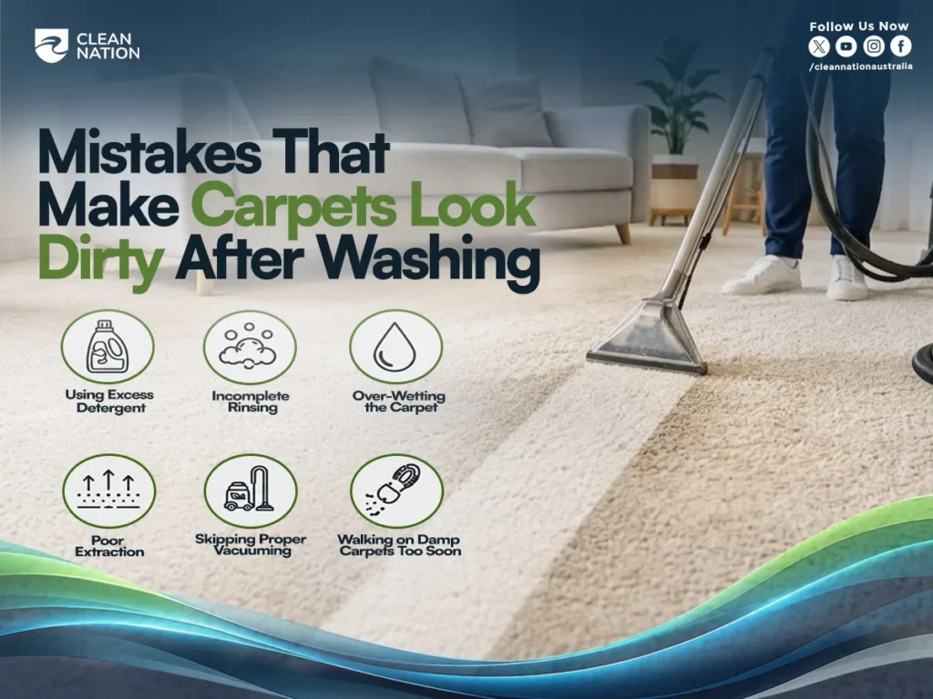 Why Do Carpets Still Look Dirty After Washing Them? Carpet cleaning technician using extraction equipment in a home, illustrating common carpet cleaning mistakes that can leave carpets looking dirty after washing and steam cleaning.