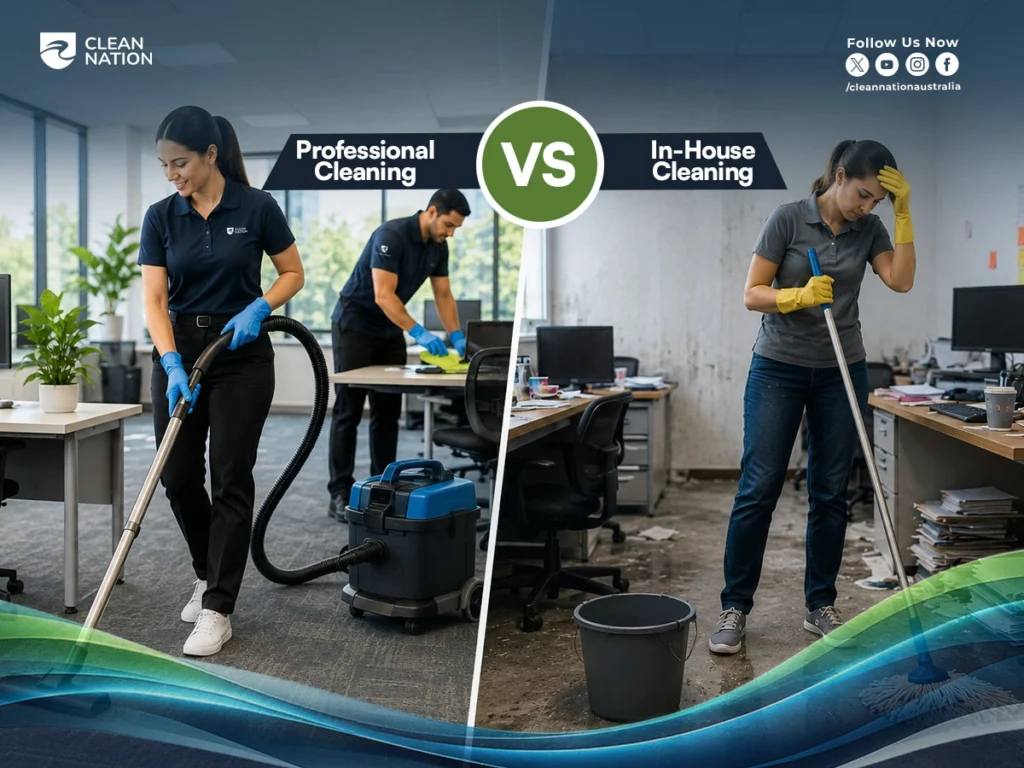 Side-by-side comparison highlighting the Importance Of Office Cleaning Services: Professional cleaners in uniform efficiently vacuuming and sanitizing a bright, organized office versus a stressed in-house cleaner struggling in a cluttered, messy workspace.