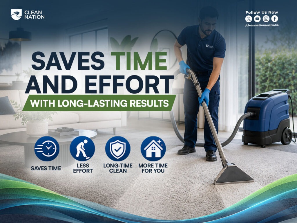 Professional carpet cleaning technician using a commercial extraction machine in a modern home, highlighting the Top 5 Benefits of Hiring a Professional Carpet Cleaning Company, including saving time and effort while delivering long-lasting carpet cleaning results.