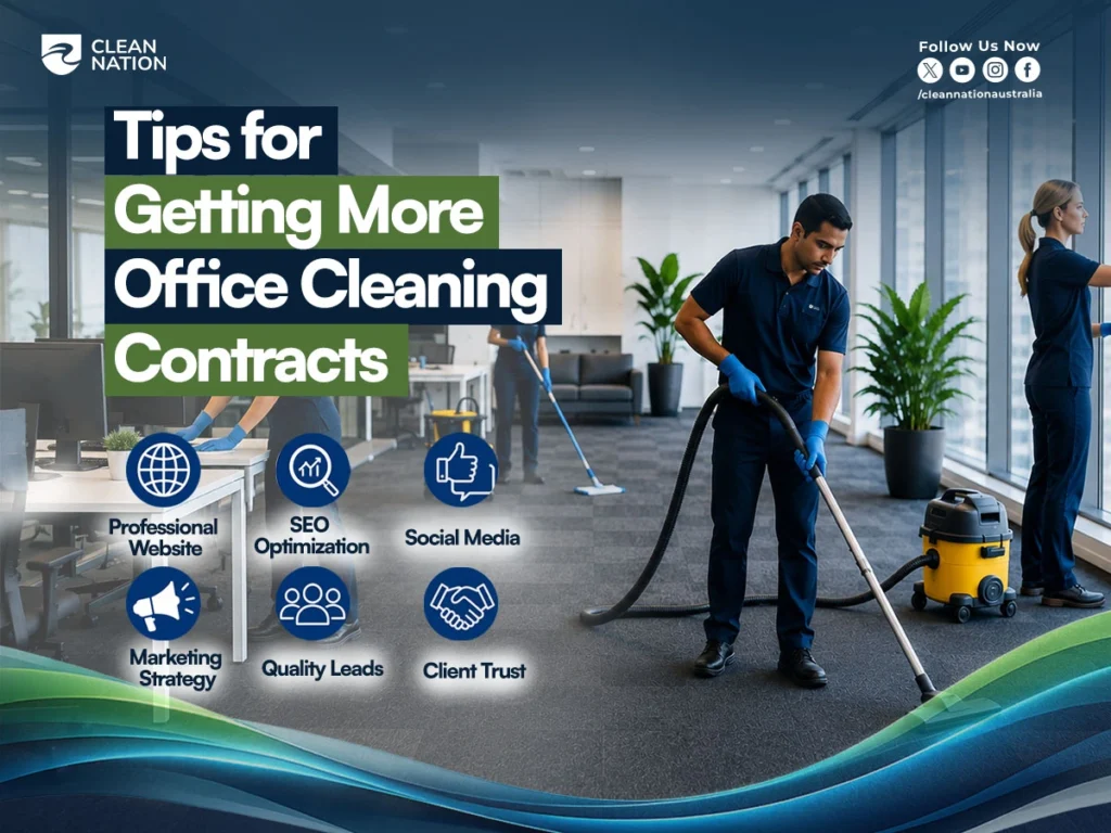 How to get office cleaning contracts? Professional office cleaners vacuuming carpets and maintaining workspaces in a modern office, with highlighted strategies including SEO optimization, social media marketing, quality leads, client trust, and a professional website to attract more cleaning contracts.