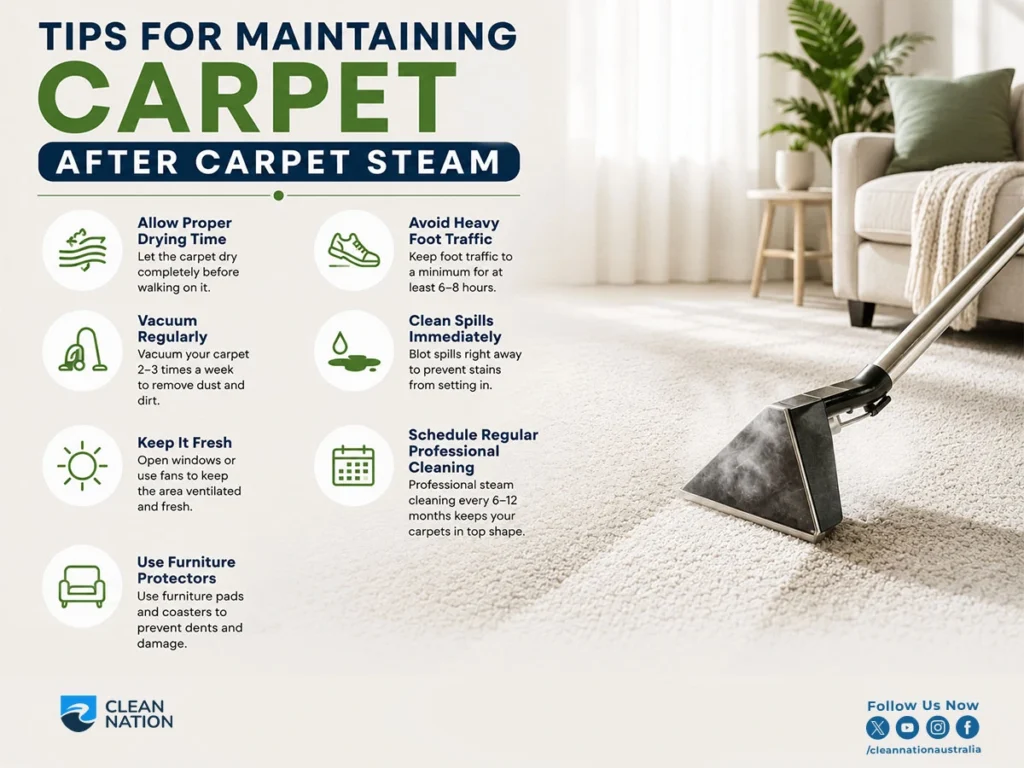 Carpet steam cleaning maintenance infographic showing a freshly cleaned carpet in a modern living room with tips for drying, vacuuming, stain removal, ventilation, furniture protection, and regular professional carpet cleaning services