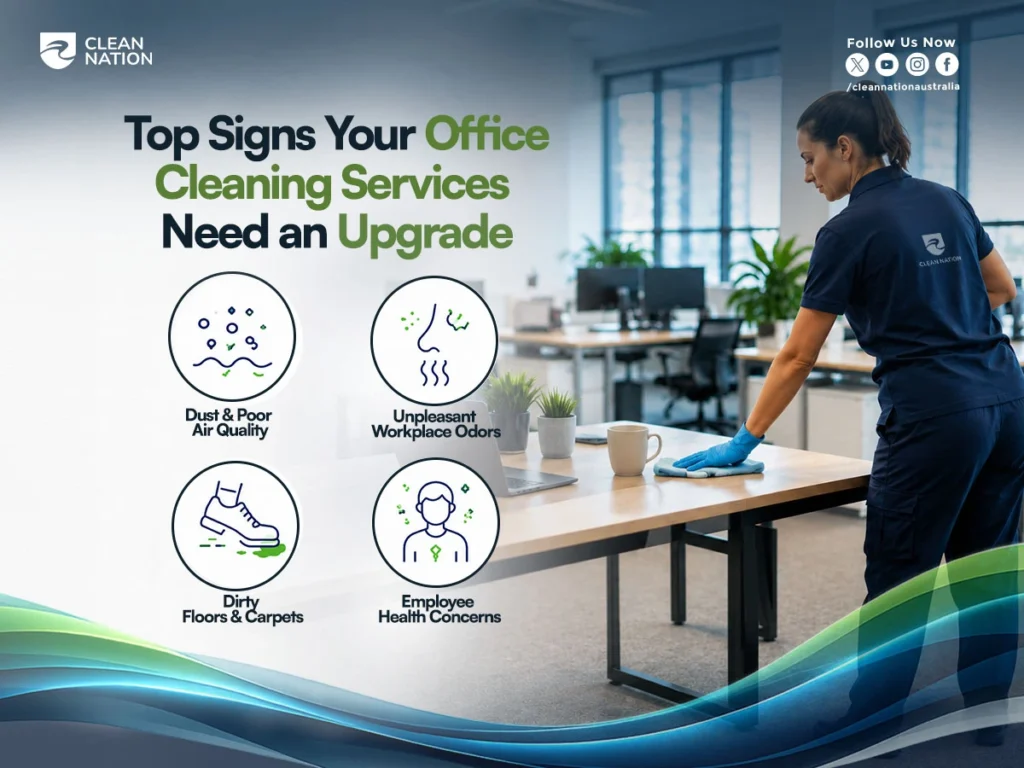 Office cleaner wiping a conference table in a modern workplace, illustrating 5 Signs Your Office Needs Professional Cleaning including dust and poor air quality, unpleasant workplace odors, dirty floors and carpets, and employee health concerns. Professional office cleaning services help maintain a clean, healthy, and productive work environment.