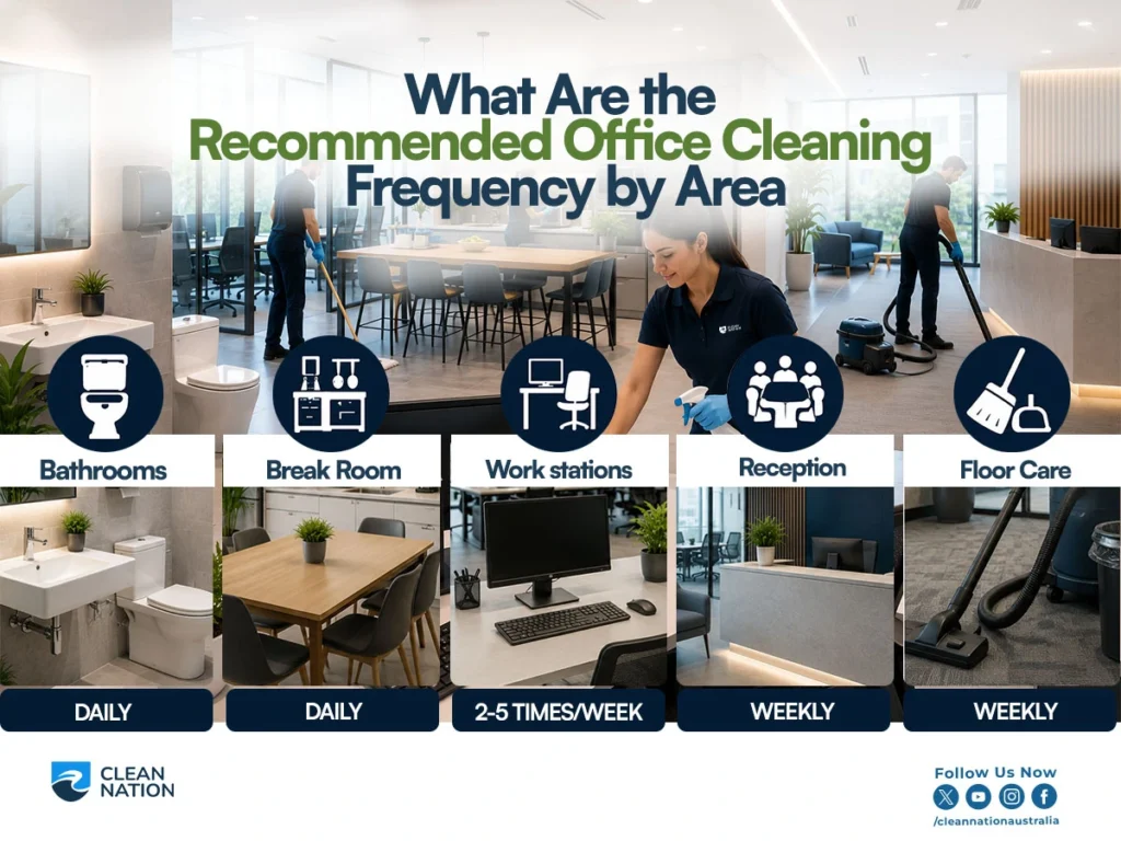 Office cleaning schedule infographic showing recommended cleaning frequency for bathrooms, break rooms, workstations, reception areas, and floors, answering the question: How Often Should an Office Be Cleaned for a healthy and professional workplace.