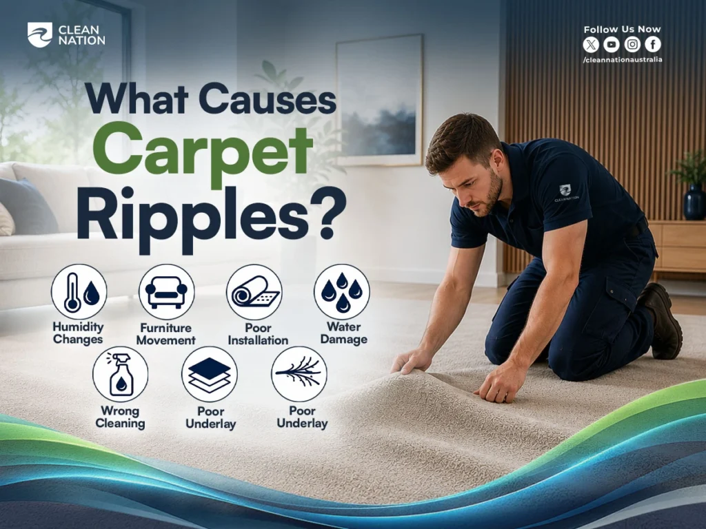 What Causes Carpet Ripples and How to Fix Them? Infographic showing common causes of carpet ripples, including humidity changes, furniture movement, poor installation, water damage, improper cleaning, and inadequate underlay, alongside a professional inspecting a rippled carpet in a living room.