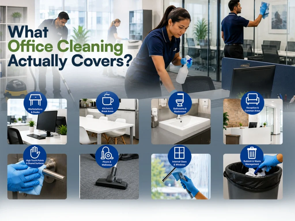 Office cleaning team performing workplace cleaning tasks including desk sanitization, vacuuming, restroom cleaning, glass cleaning, waste disposal, and disinfecting high-touch surfaces, showing What Does Office Cleaning Consist Of? in a modern commercial office environment.