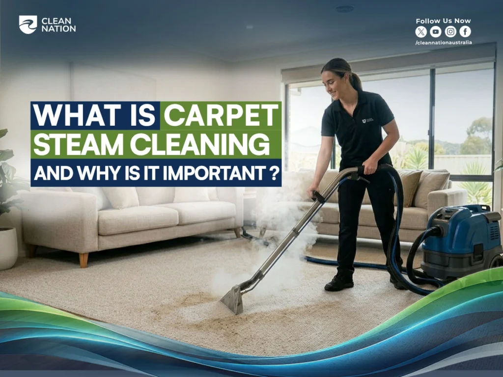 What is Carpet Steam Cleaning and Why Is It Important? Professional cleaner using steam cleaning equipment to deep clean a residential carpet, removing stains, dirt, allergens, and odours for improved indoor hygiene.