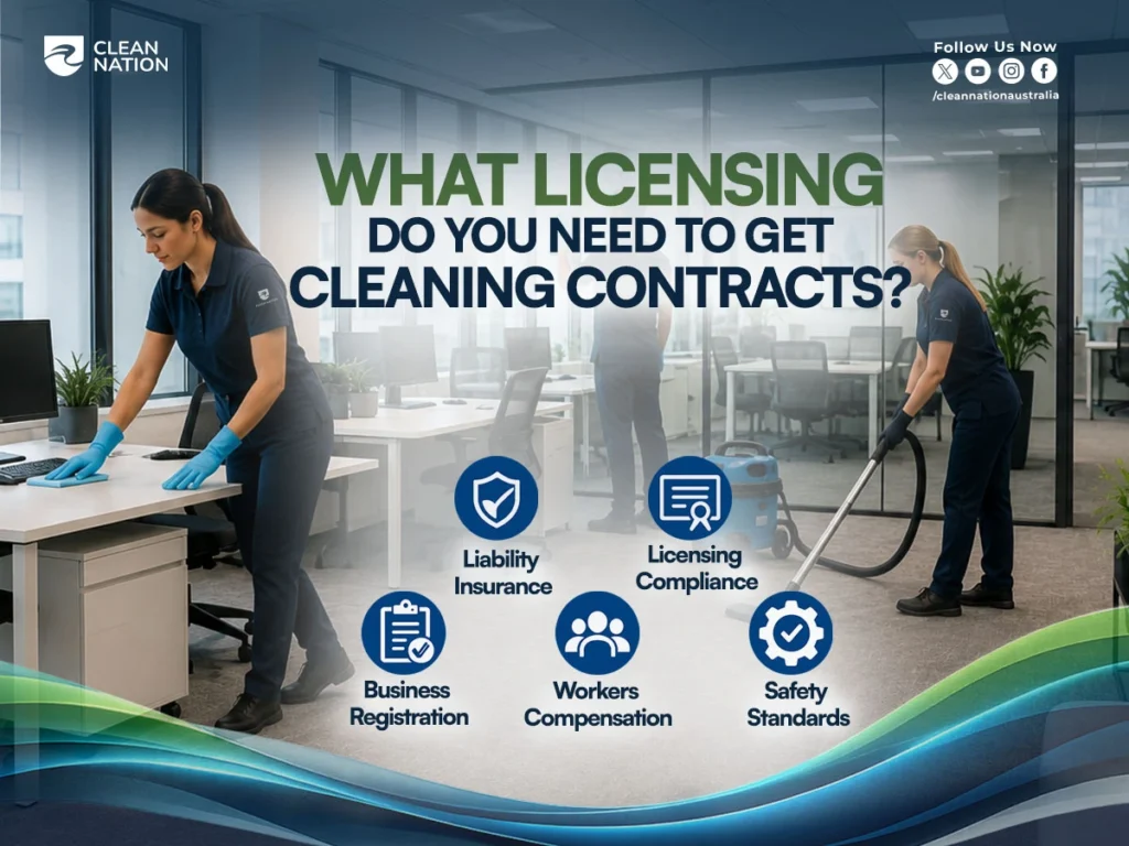 How to get office cleaning contracts? Professional office cleaners performing commercial cleaning tasks in a modern office workspace, highlighting business registration, liability insurance, licensing compliance, workers' compensation, and safety standards required for securing office cleaning contracts.