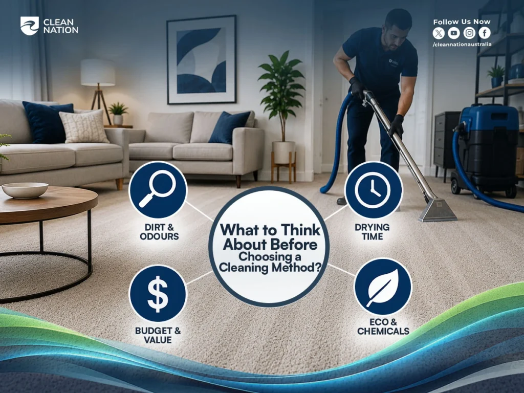Dry Carpet Cleaning vs Steam Cleaning guide highlighting key factors to consider before choosing a carpet cleaning method, including dirt and odour removal, drying time, budget and value, and eco-friendly cleaning solutions.