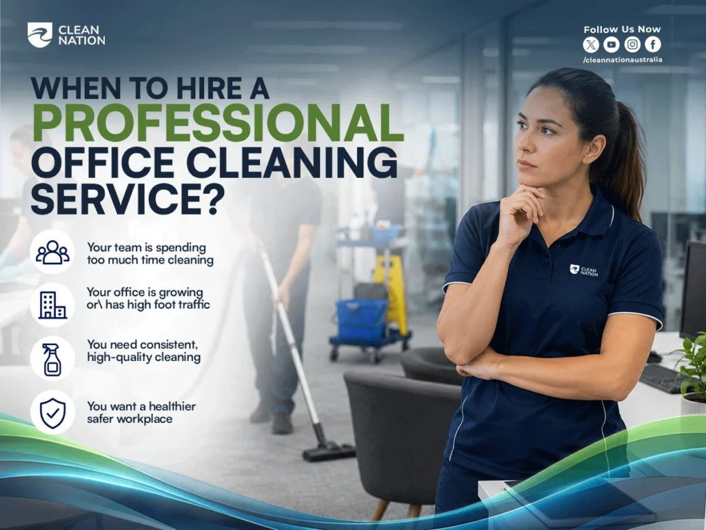 Office cleaning staff working in a modern workplace while a professional cleaner stands in the foreground, illustrating common signs that businesses should consider when learning how to clean an office building, including growing foot traffic, time-consuming cleaning tasks, the need for consistent cleaning quality, and maintaining a healthier work environment.