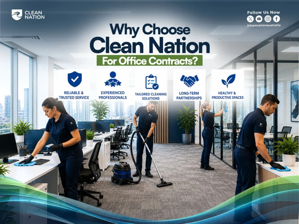 How to get office cleaning contracts? Professional office cleaning team servicing a modern workplace, showcasing reliable service, experienced cleaners, tailored cleaning solutions, long-term partnerships, and healthy productive office environments for commercial cleaning contracts.