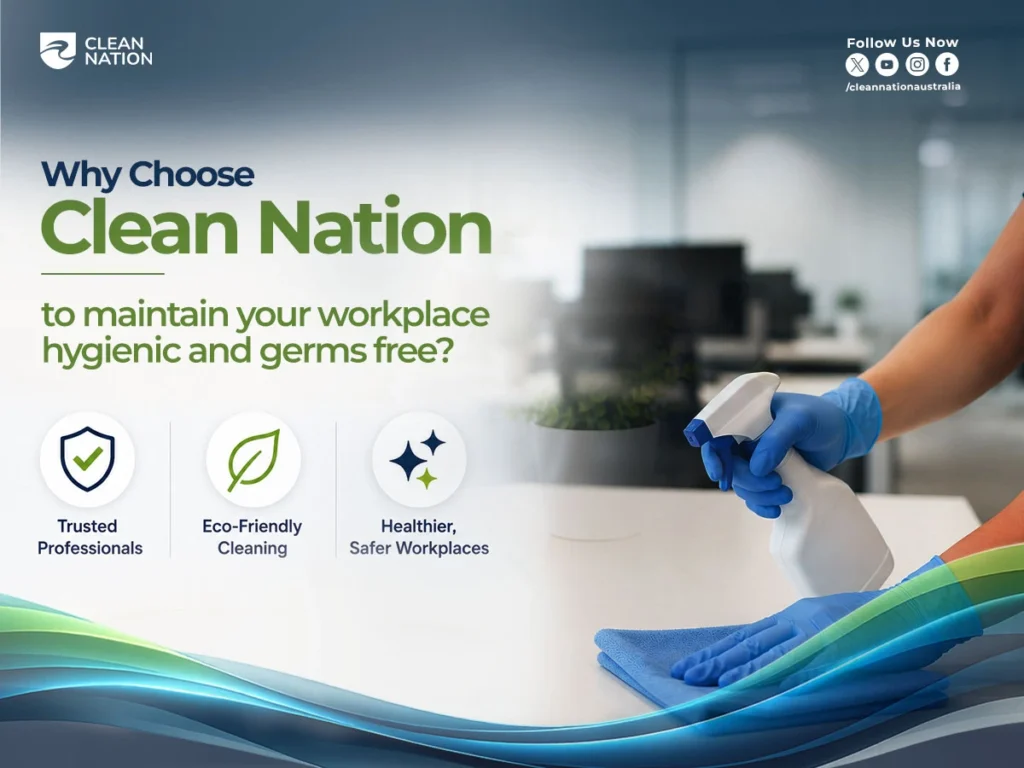 Why to choose Clean Nation? Cleaner wearing gloves disinfecting an office desk with eco-friendly cleaning products to create a hygienic, healthy, and germ-free workplace environment.