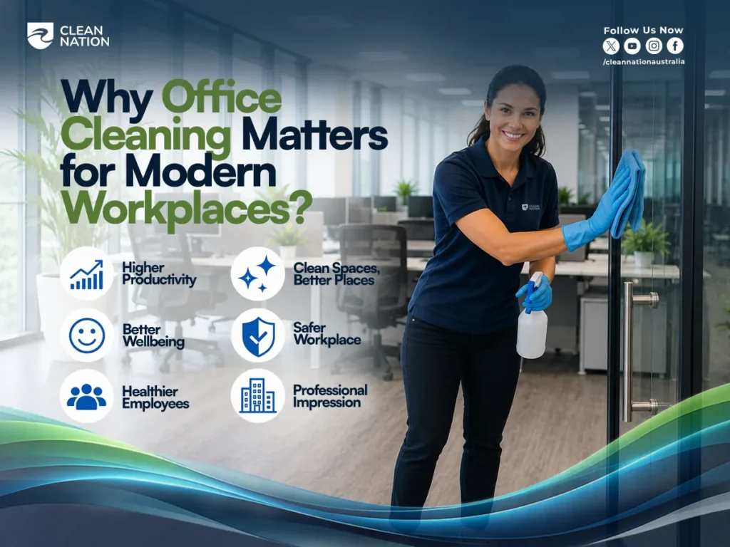 Find the Best Office Cleaners in Australia – professional office cleaning specialist sanitising glass doors in a modern workplace, highlighting the benefits of commercial office cleaning, including higher productivity, employee wellbeing, workplace safety, healthier staff, and a professional business environment.