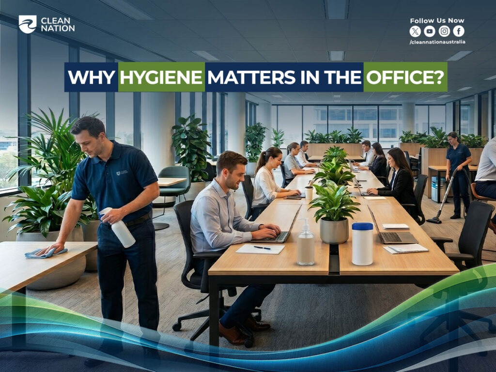 Why hygiene matters in the office – professional cleaners disinfecting desks and maintaining a clean, healthy workplace environment.
